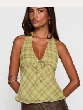 Princess Polly Lime Plaid Halter Tie-Front Cami